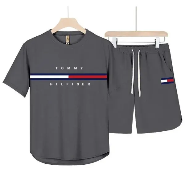 Tommy Hilfiger Logo Stripe T-Shirt and Drawstring Shorts Set Gray - 1