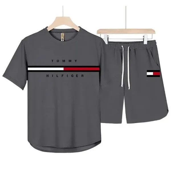 Tommy Hilfiger Logo Stripe T-Shirt and Shorts Set Gray - 1