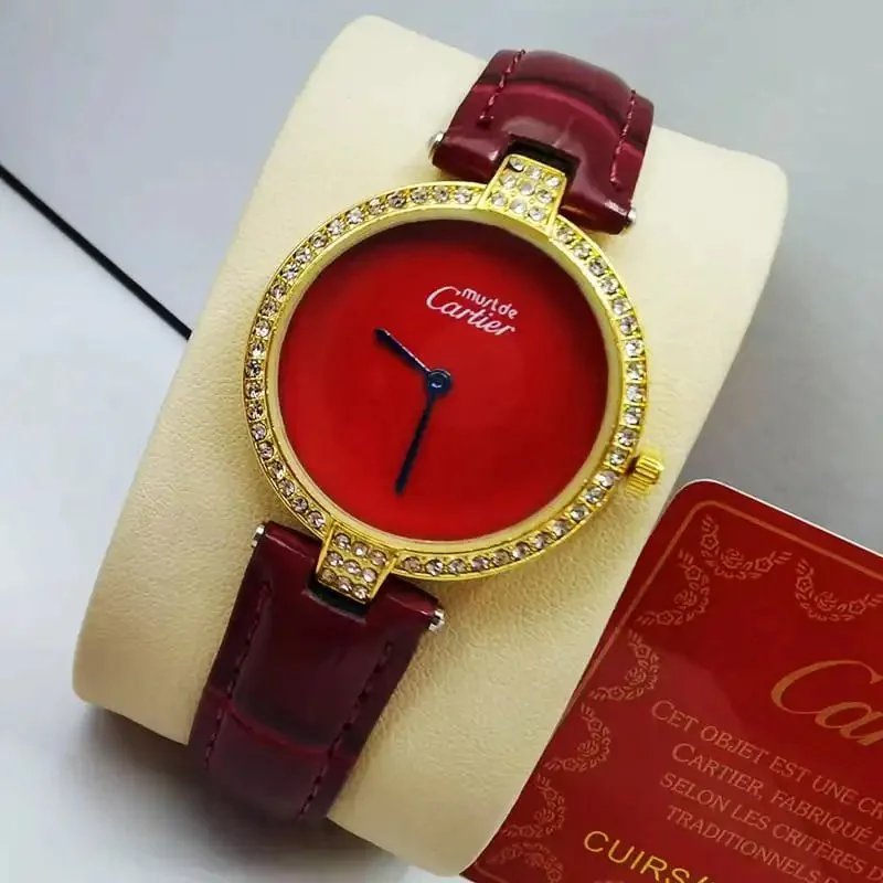 Cartier Must de Cartier Red Dial Gold-Tone Crystal-Set Watch with Burgundy Leather Strap - 1