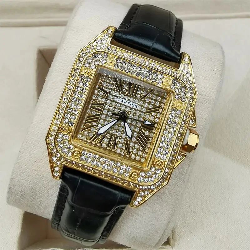 Cartier Santos-Dumont Paved Gold Watch with Black Alligator Strap - 1