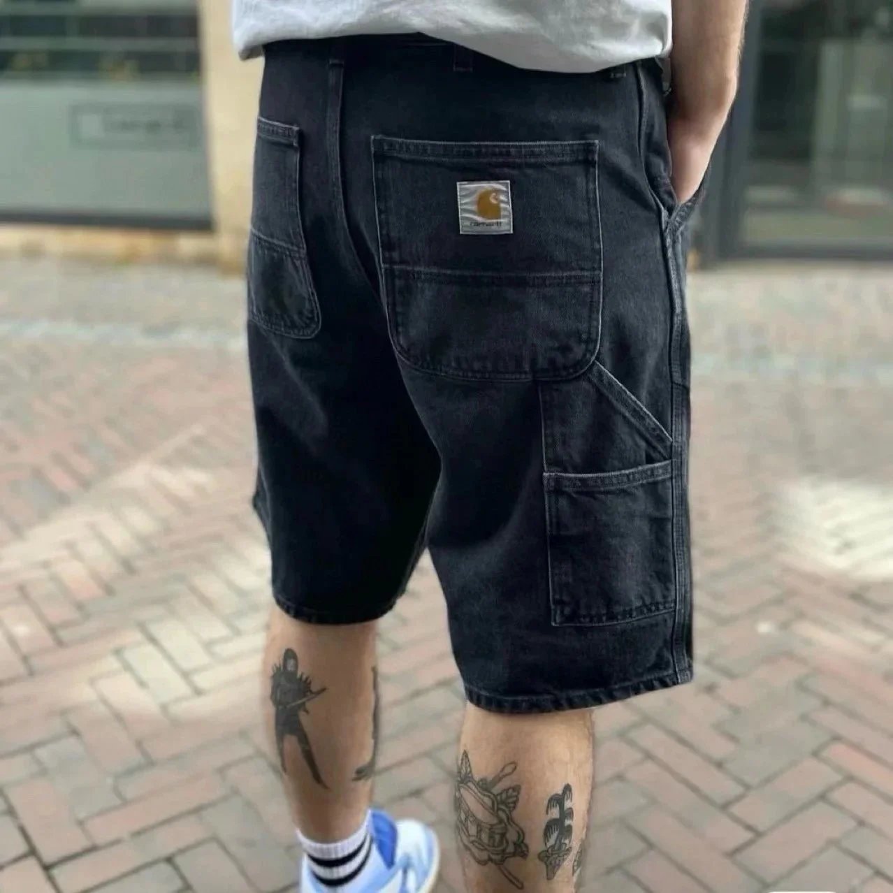 Washed Black Cargo Denim Shorts