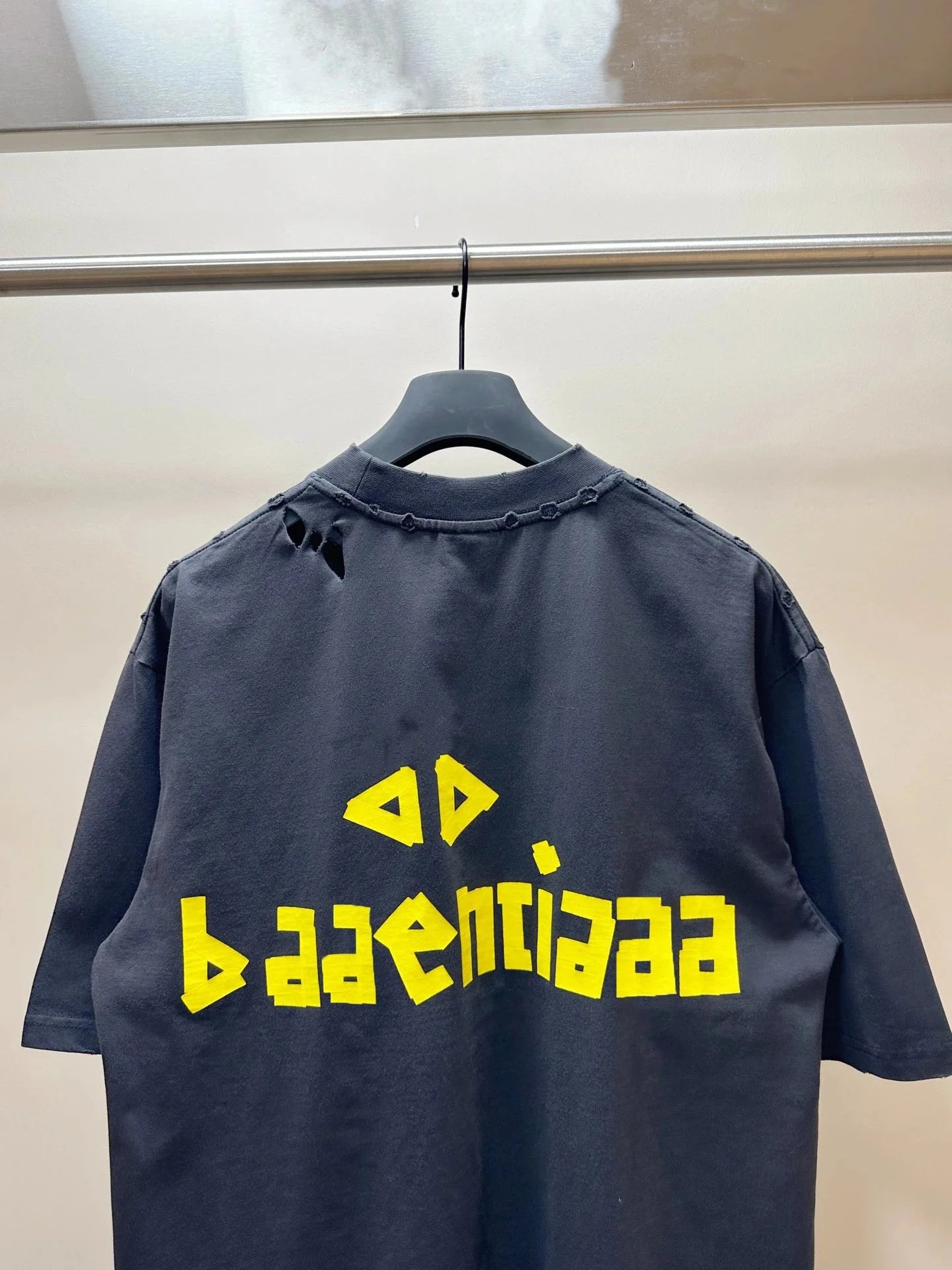 Yellow Tape Print Washed Distressed T-Shirt photo 8