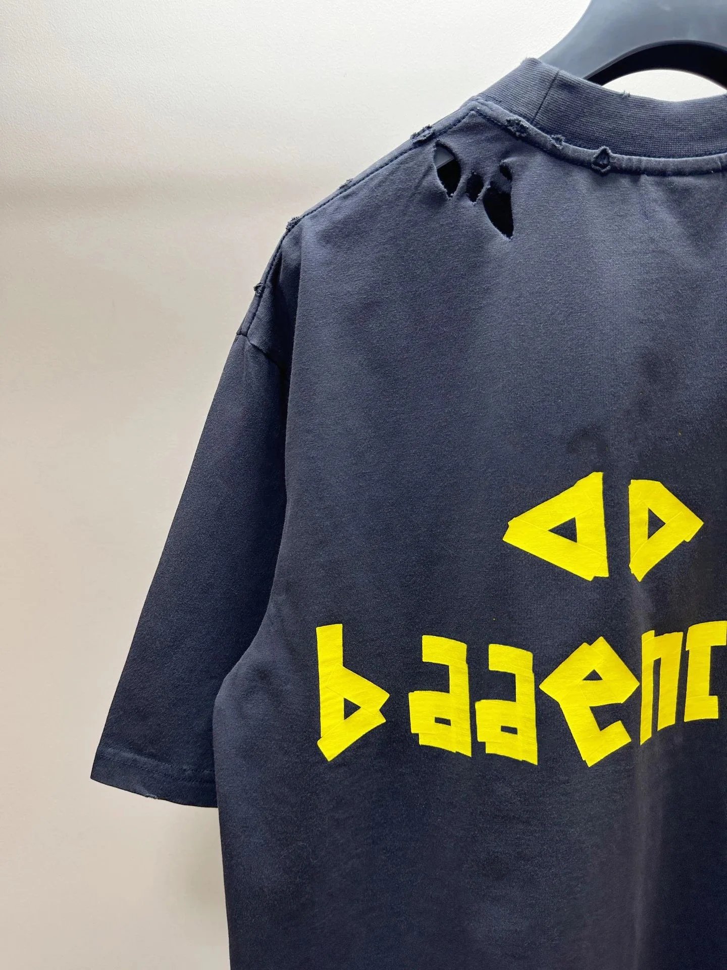 Yellow Tape Print Washed Distressed T-Shirt photo 7