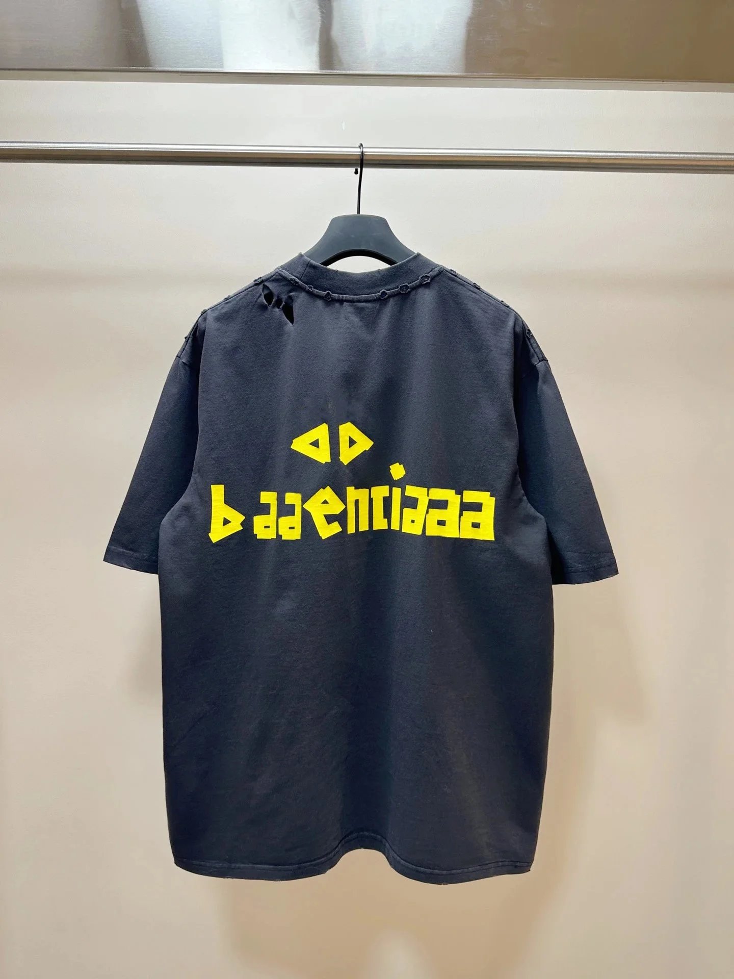 Yellow Tape Print Washed Distressed T-Shirt photo 5