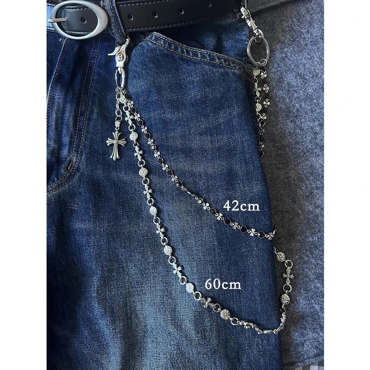Silver-Tone Cross & Floral Chain Belt Accessory Set - 1