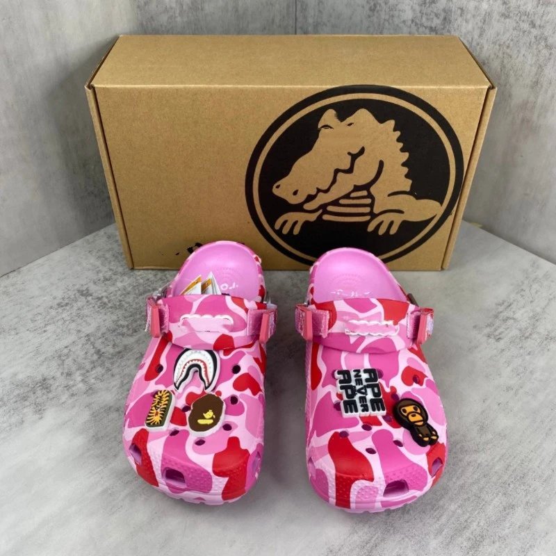 Crocs x A Bathing Ape Classic Clog Pink Camo Jibbitz Customized Sandals - 3