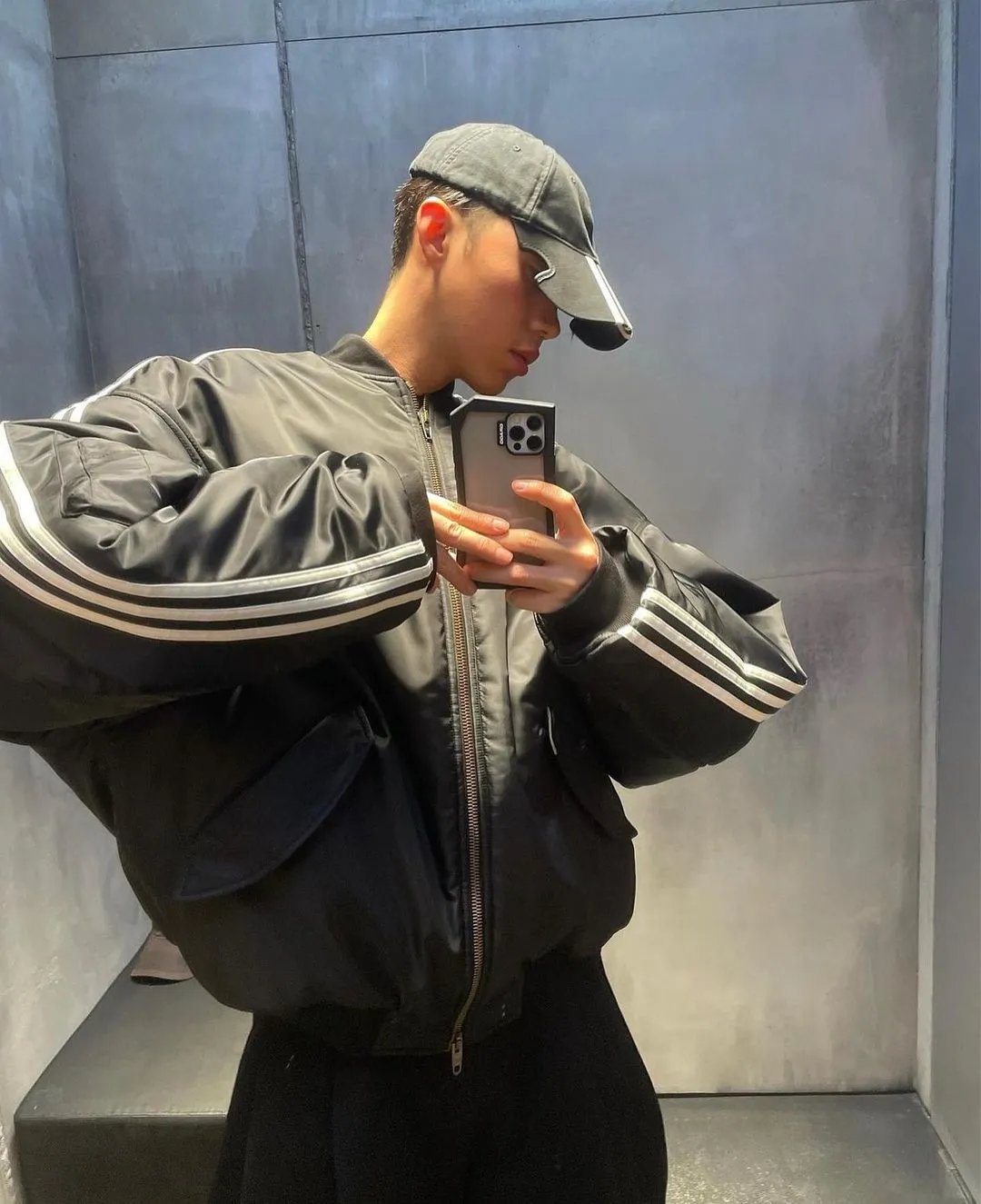 Black Oversized Bomber Jacket with Stripes