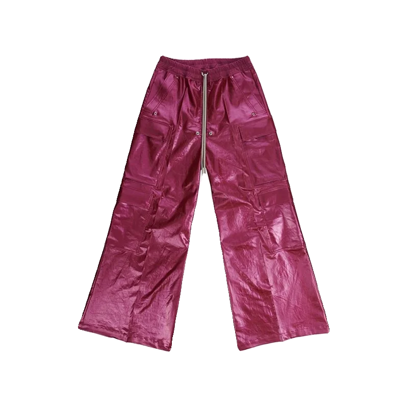 Rick Owens-Style Burgundy Glossy Wide-Leg Cargo Pants