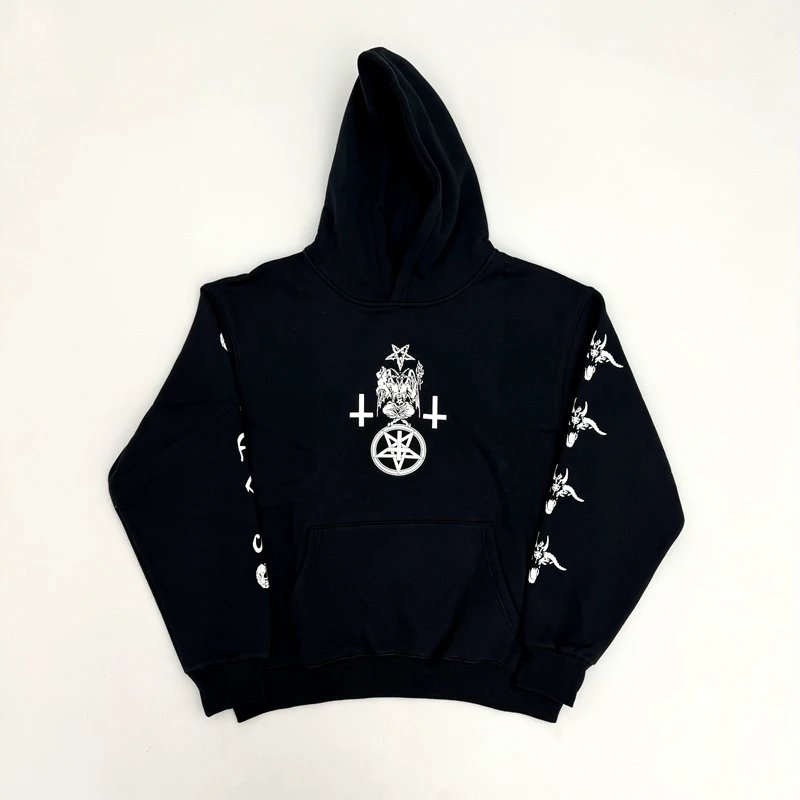 Black Hooded Sweatshirt with Front Graphic and Sleeve Patterns