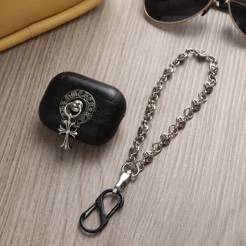 Chrome Hearts AirPods Case with Cross Charm and Chain Strap Black Accessories