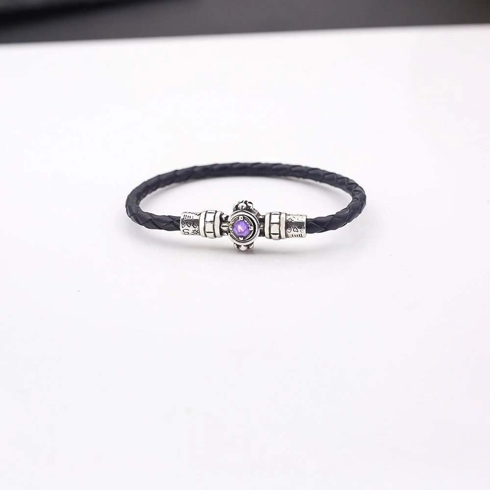 Purple Gemstone Silver Bracelet with Braided Black Cord - 136621