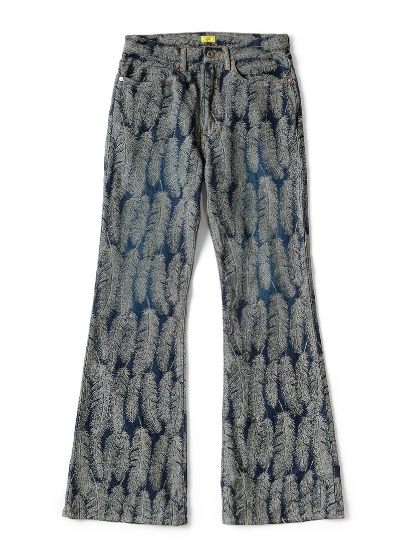 Blue Feather Print Flare Jeans
