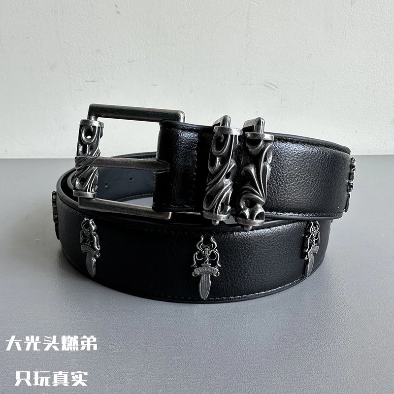 Black Leather Belt with Silver Buckle and Embellishments