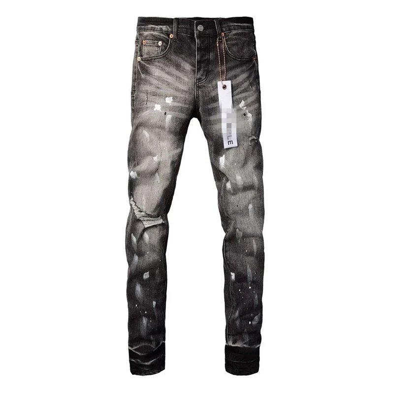 Punk style retro blue ripped slim fit elastic printed small leg men's jeans trend-MLMLSPTS0505