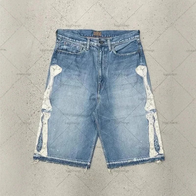 Streetwear Embroidered Denim Shorts for Men Vintage Bone Embroidery Loose Fit Casual Mid-Length Shorts
