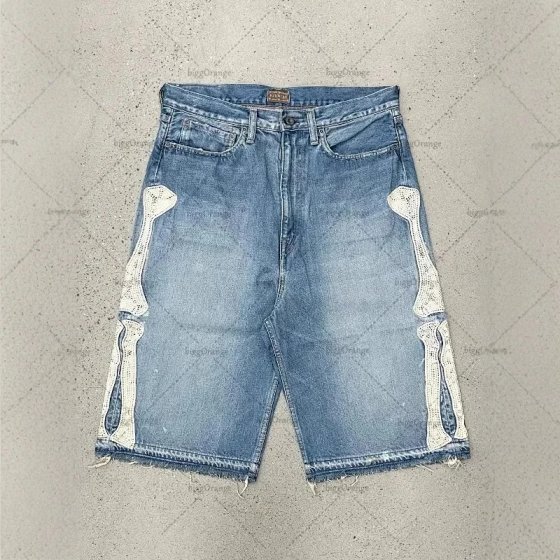 Streetwear Embroidered Denim Shorts for Men Vintage Bone Embroidery Loose Fit Casual Mid-Length Shorts