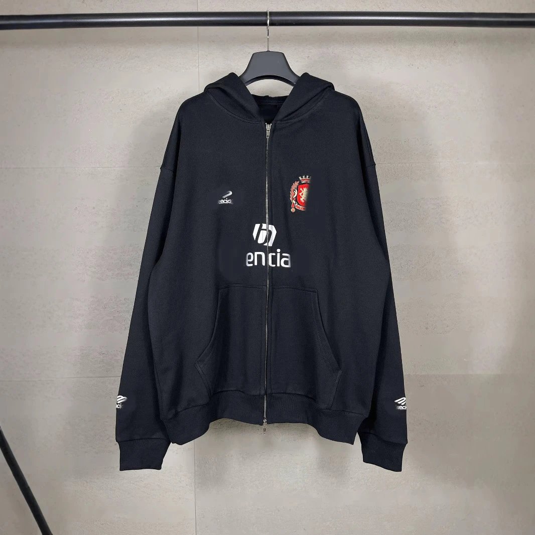 Soccer Sports Uniform Embroidered Print Zip-Up Cardigan Loose Hooded Sweatshirt