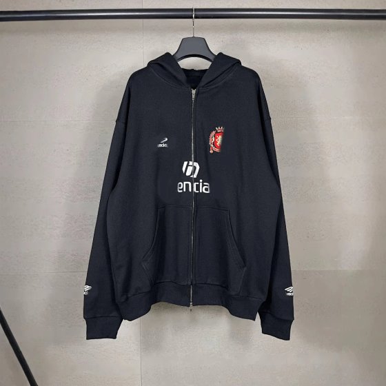 Soccer Sports Uniform Embroidered Print Zip-Up Cardigan Loose Hooded Sweatshirt