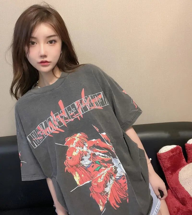 Anime Vintage Washed Retro High-Street Unisex Oversized Short-Sleeve T-Shirt