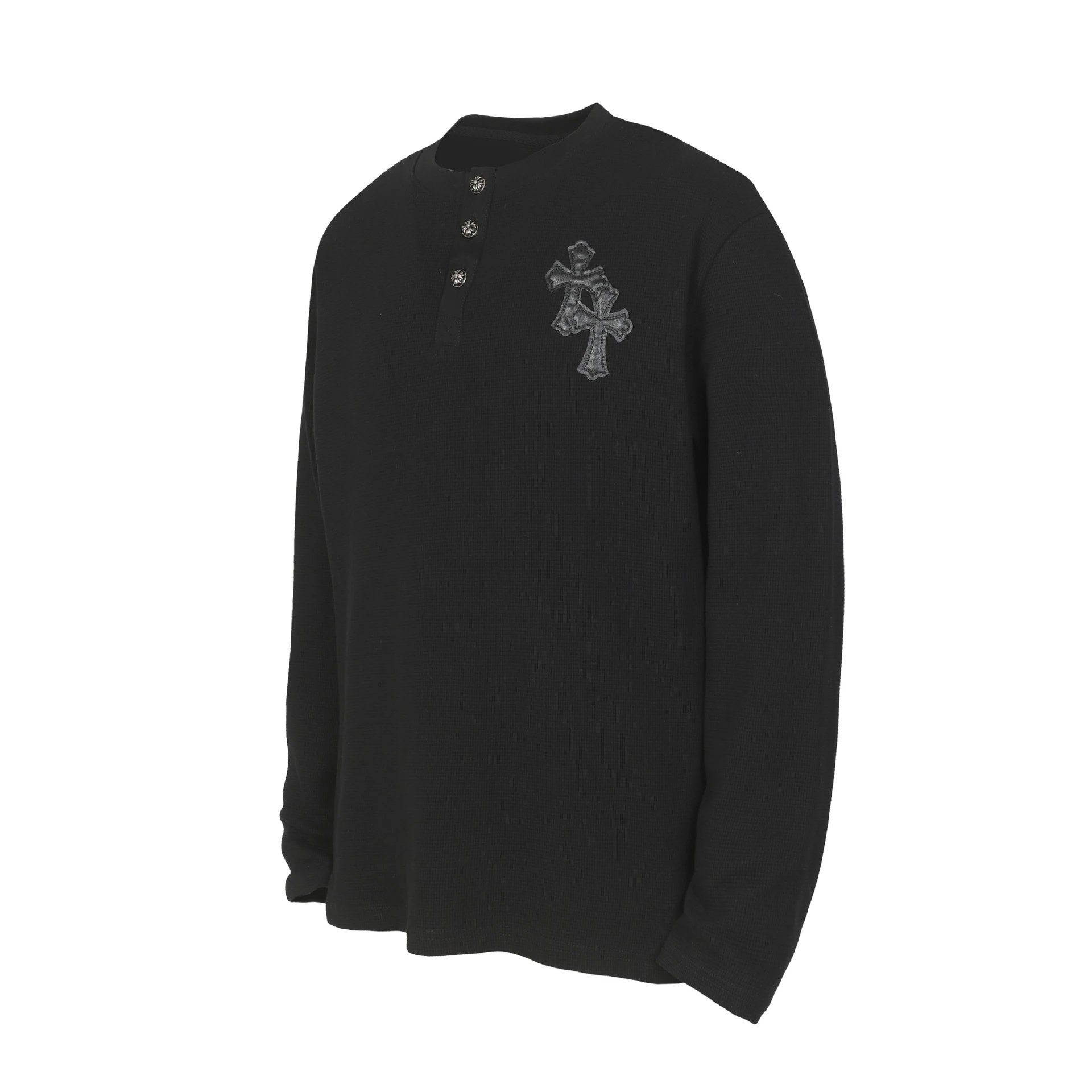 Chrome Hearts Cross Embroidered Gray Waffle Knit Henley Shirt