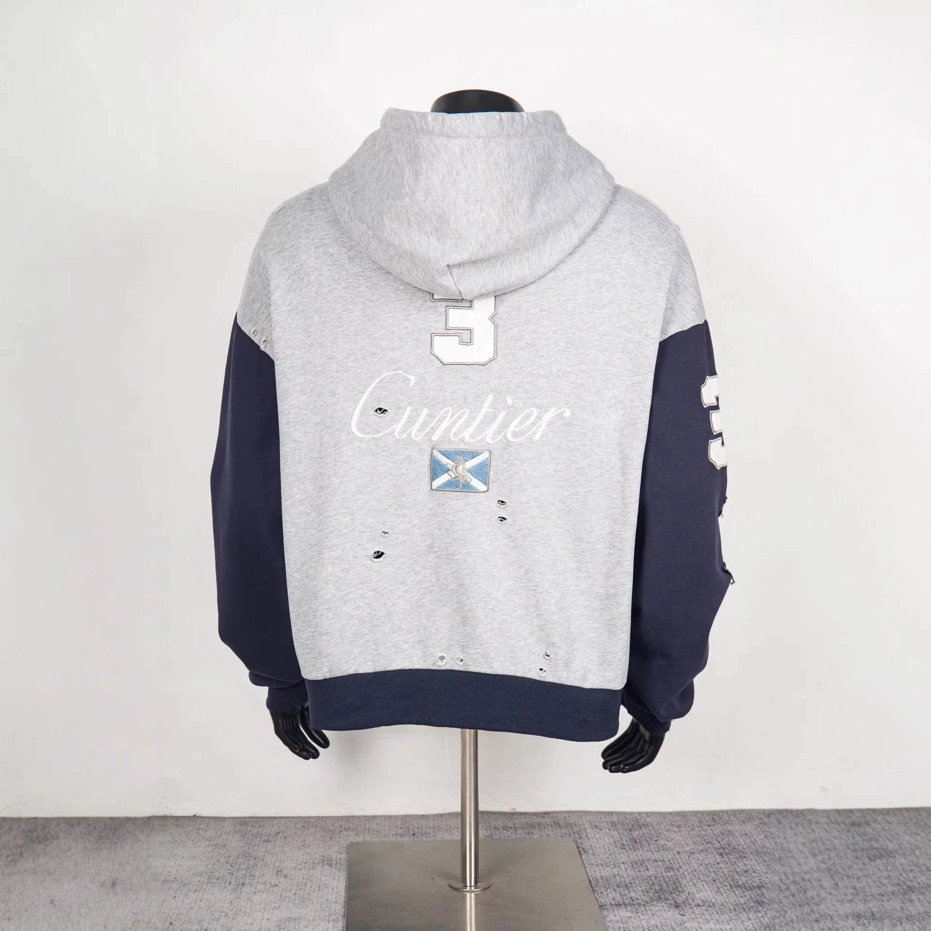 Cuntier Distressed Gray Navy Patchwork Hooded Sweatshirt