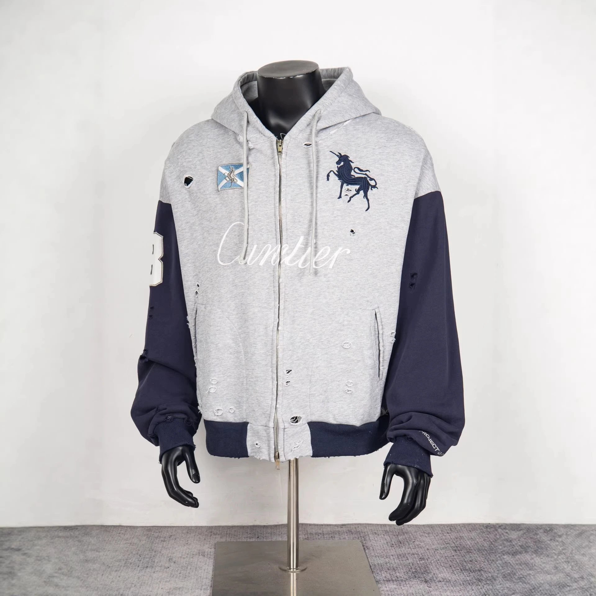 Cuntier Distressed Gray Navy Patchwork Hooded Sweatshirt
