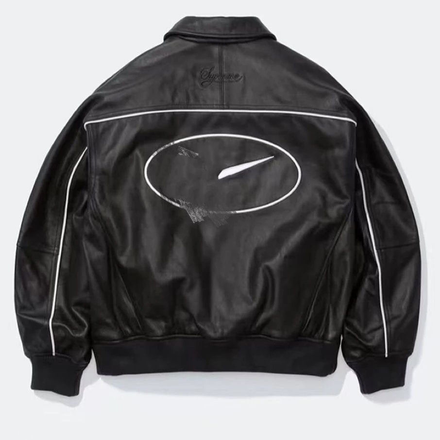 Patch Embroidered Logo Leather Jacket