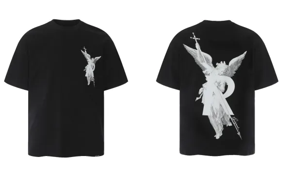 Design Angelic Figure Print Black Oversized T-Shirt - 1