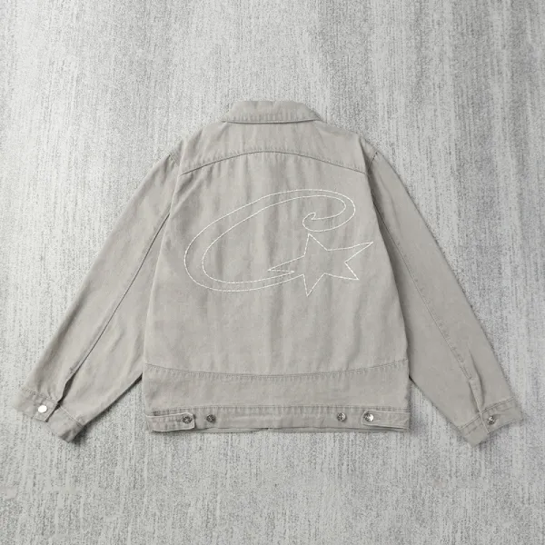 Design Denim Jacket with Embroidered Star and Script Logo in Gray Outerwear.denim Jacket - 1
