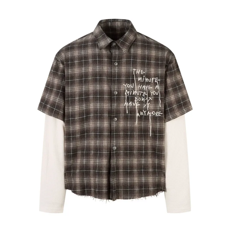American Vintage Plaid Letter Embroidery Long Sleeve Shirt