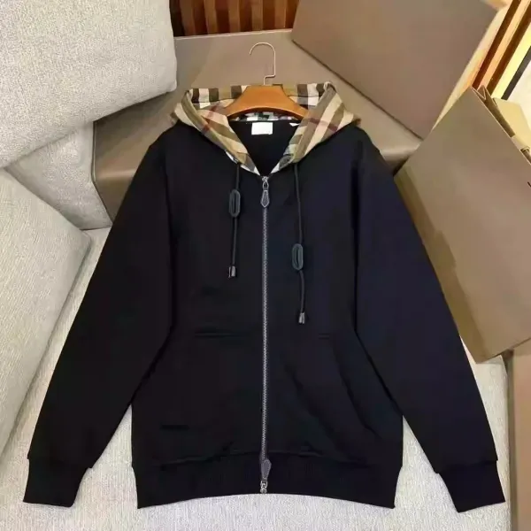 Burberry Check-Trim Hooded Zip-Up Sweatshirt Black Hoodie - 1