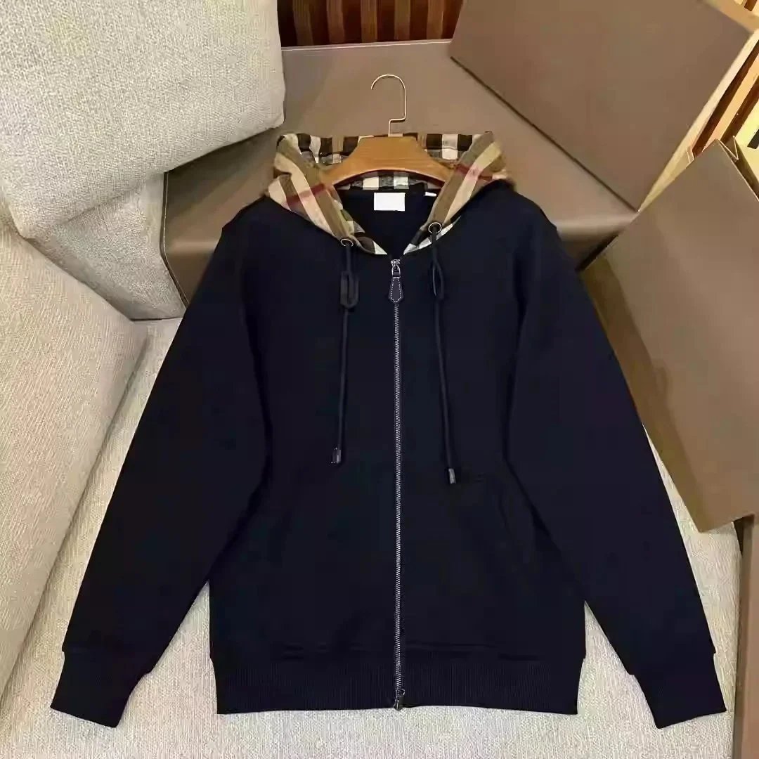 Burberry Check-Trim Hooded Zip-Up Sweatshirt Black Hoodie