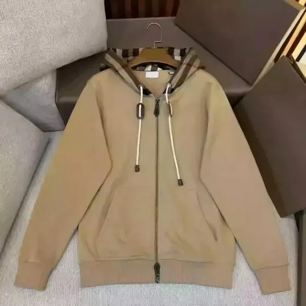 Burberry Hooded Zip-Up Sweatshirt Beige with Classic Check Hood Trim Hoodie - 1