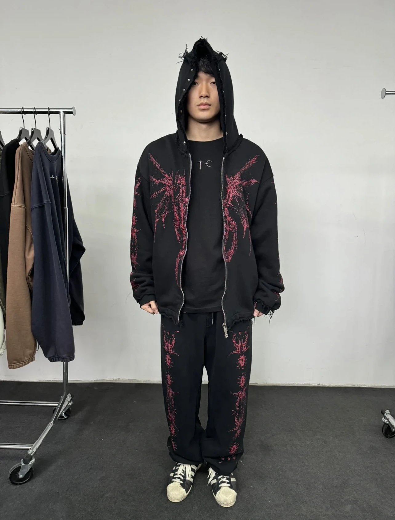 Dragon Demon Print Distressed Hooded Sweatshirt photo 6