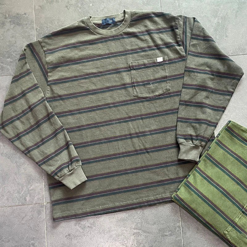 Striped Crew Neck Long Sleeve T-Shirt with Pocket photo 2
