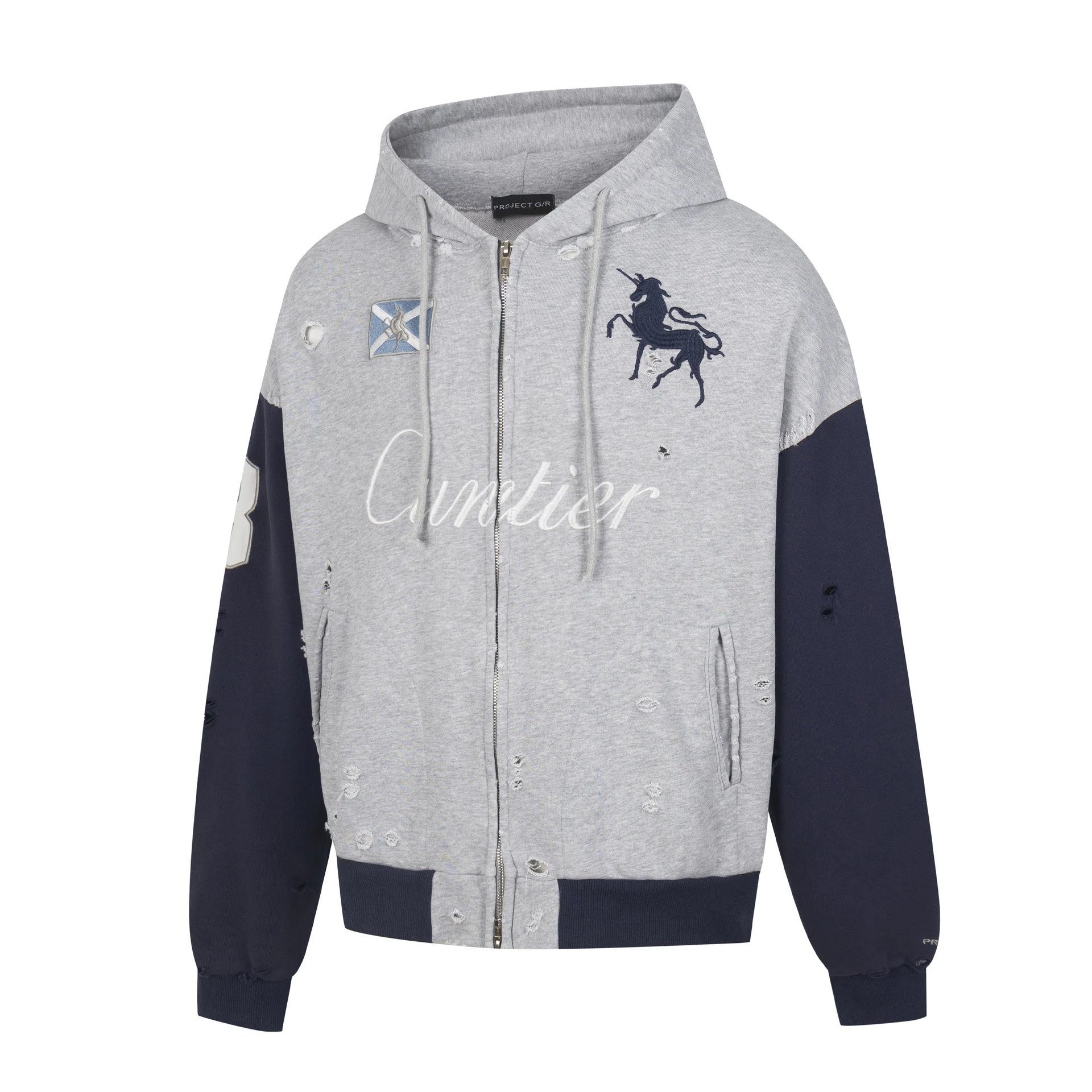 Cuntier Distressed Gray Navy Patchwork Hooded Sweatshirt