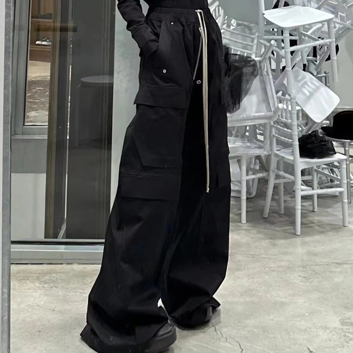 Miuko Cargo Pants Black Streetwear Wide Leg Trousers
