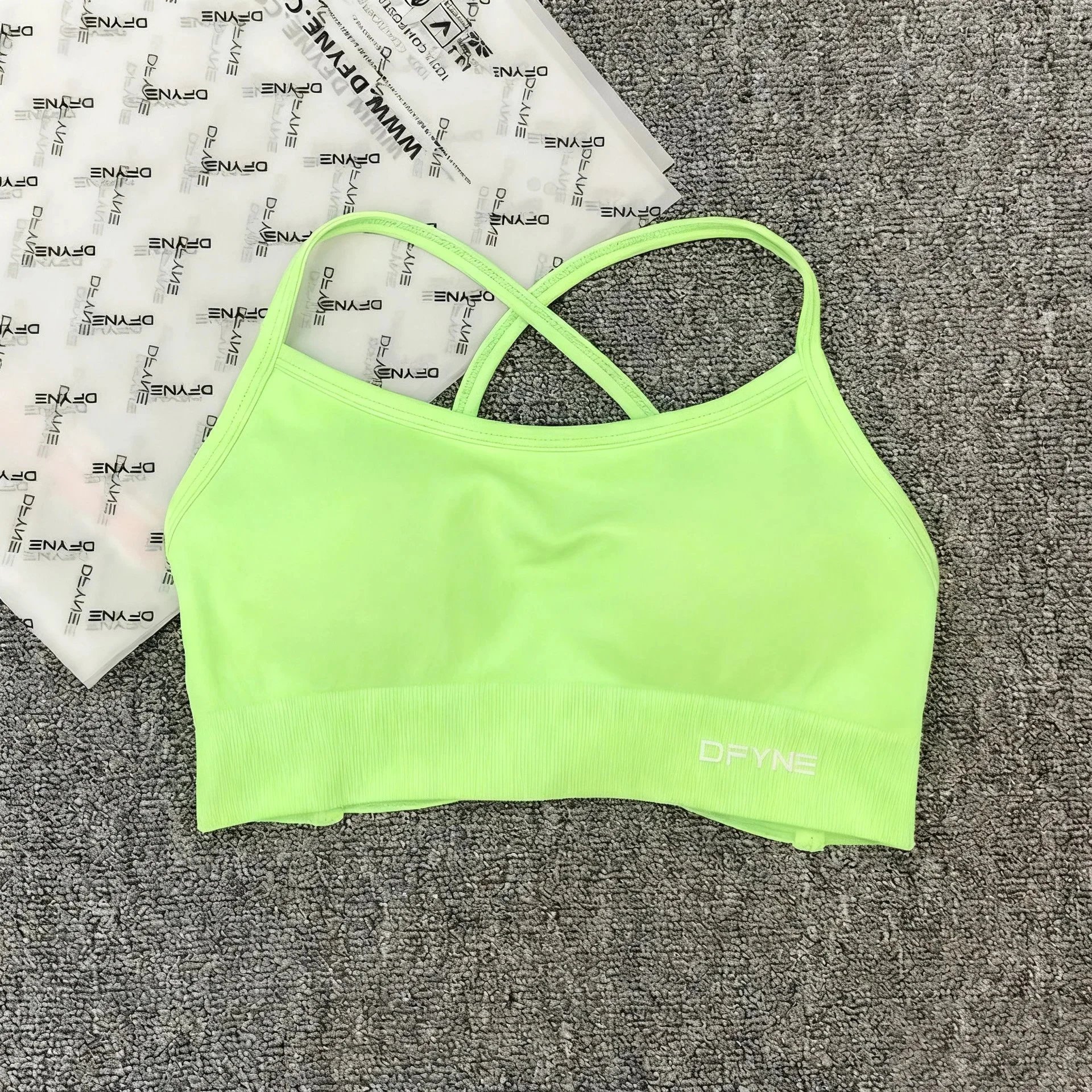 DFYNE Underwear Cross-Back Sports Bra with Ribbed Underband — Neon Green Cross Bra
