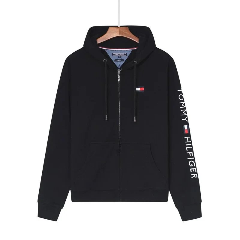 Tommy Hilfiger Hoodie Flag Logo Sleeve Zip-Up Black