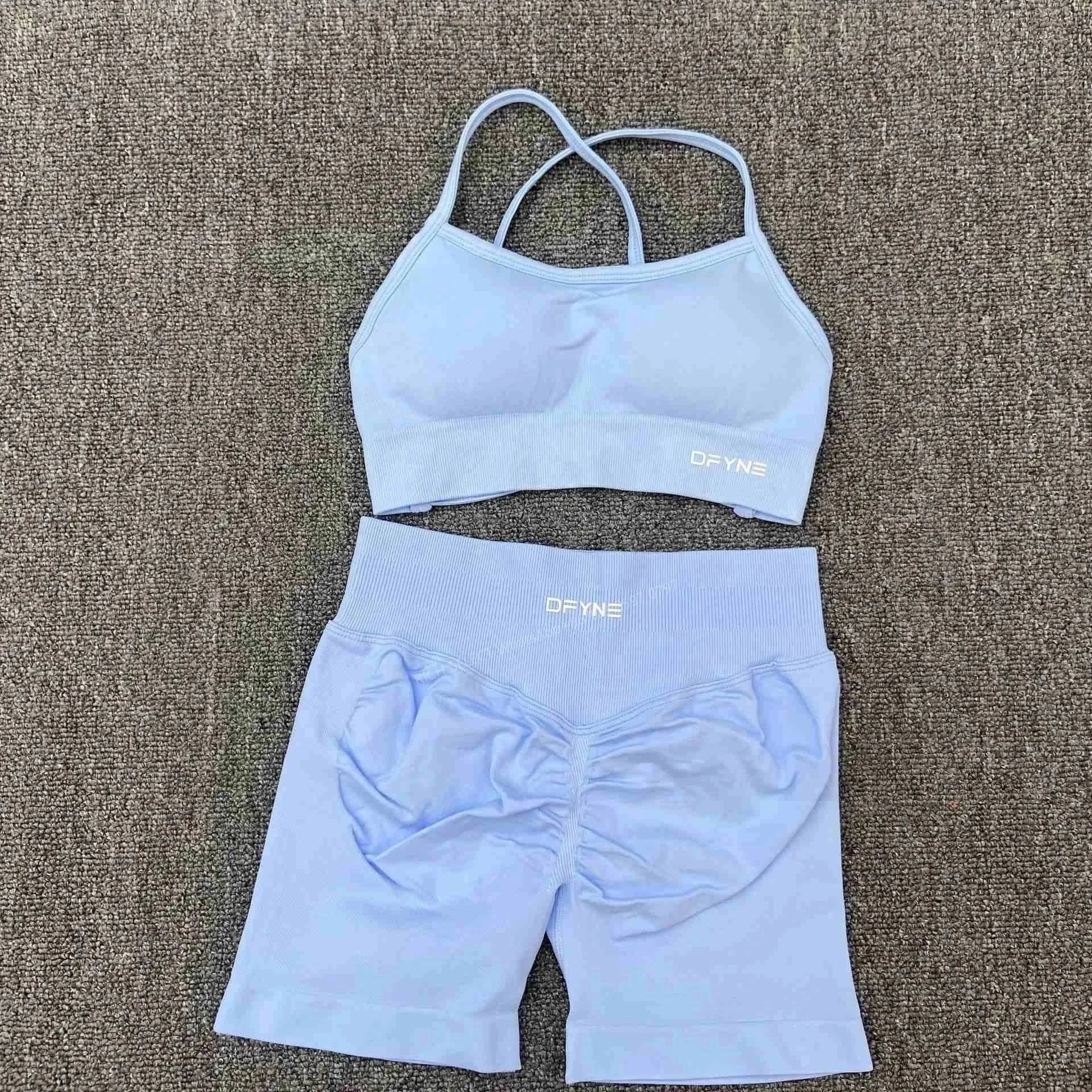 DFYNE Underwear Cross-Back Sports Bra with Ribbed Underband — Ice Blue Cross Bra Shorts