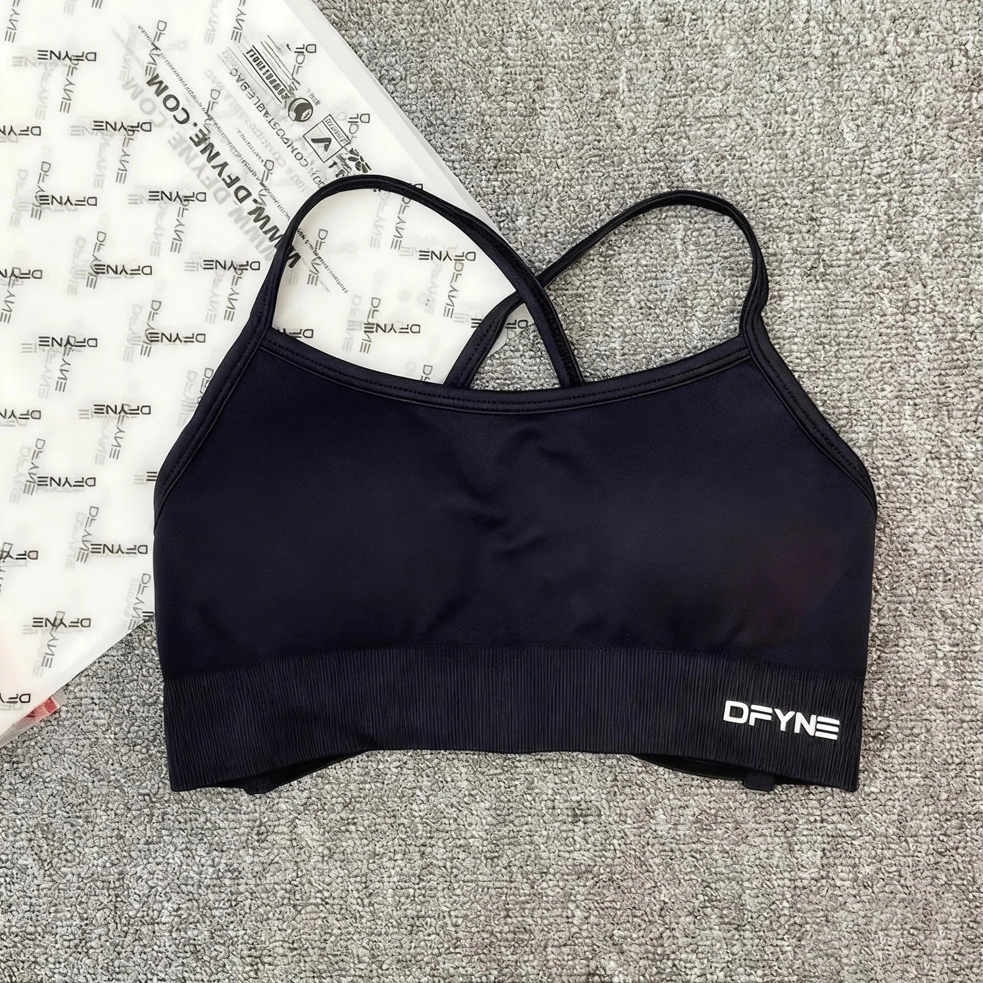 DFYNE Underwear Cross-Back Sports Bra with Ribbed Underband — Black cross-front bra