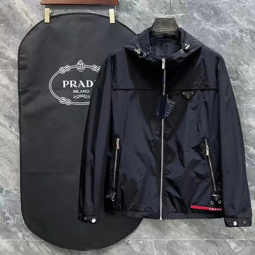 Prada Tracksuits Black zip-up hooded tracksuit with triangle logo patches — Prada4