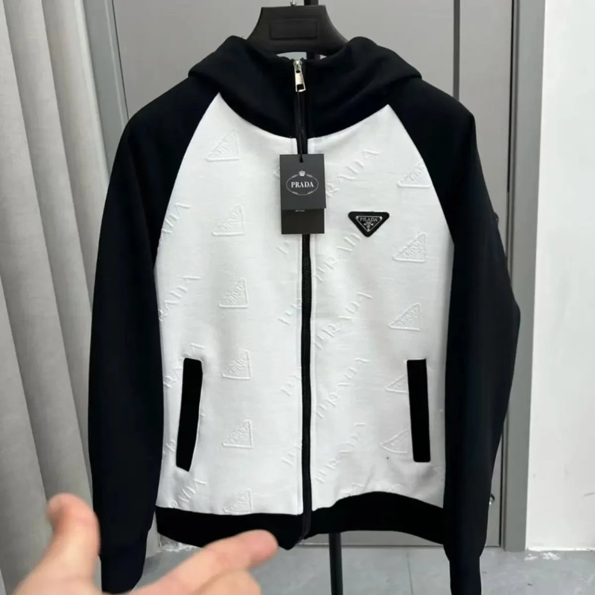 Prada Tracksuits Black zip-up hooded tracksuit with triangle logo patches — Prada10