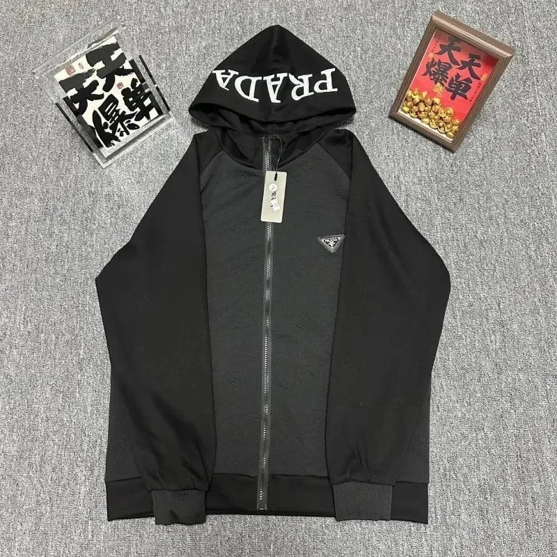 Prada Tracksuits Black zip-up hooded tracksuit with triangle logo patches — Prada25