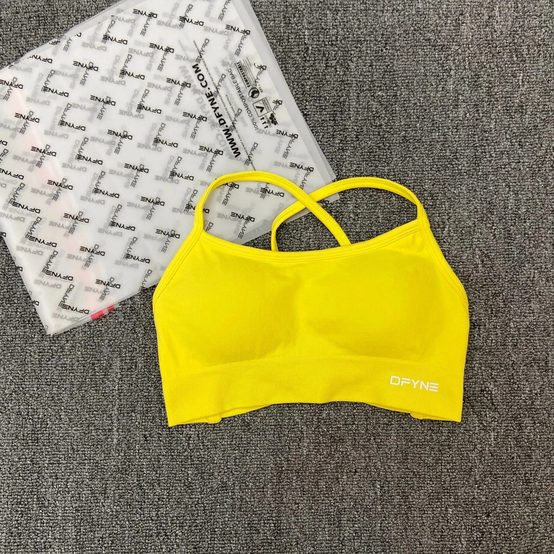 DFYNE Underwear Cross-Back Sports Bra with Ribbed Underband — lemon yellow cross bra