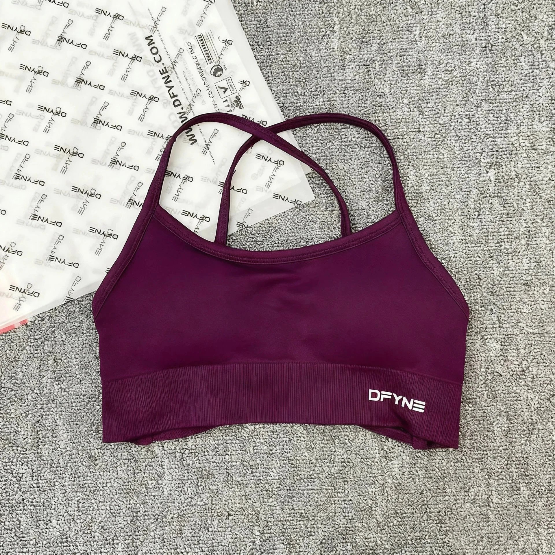DFYNE Underwear Cross-Back Sports Bra with Ribbed Underband — grape purple cross bra
