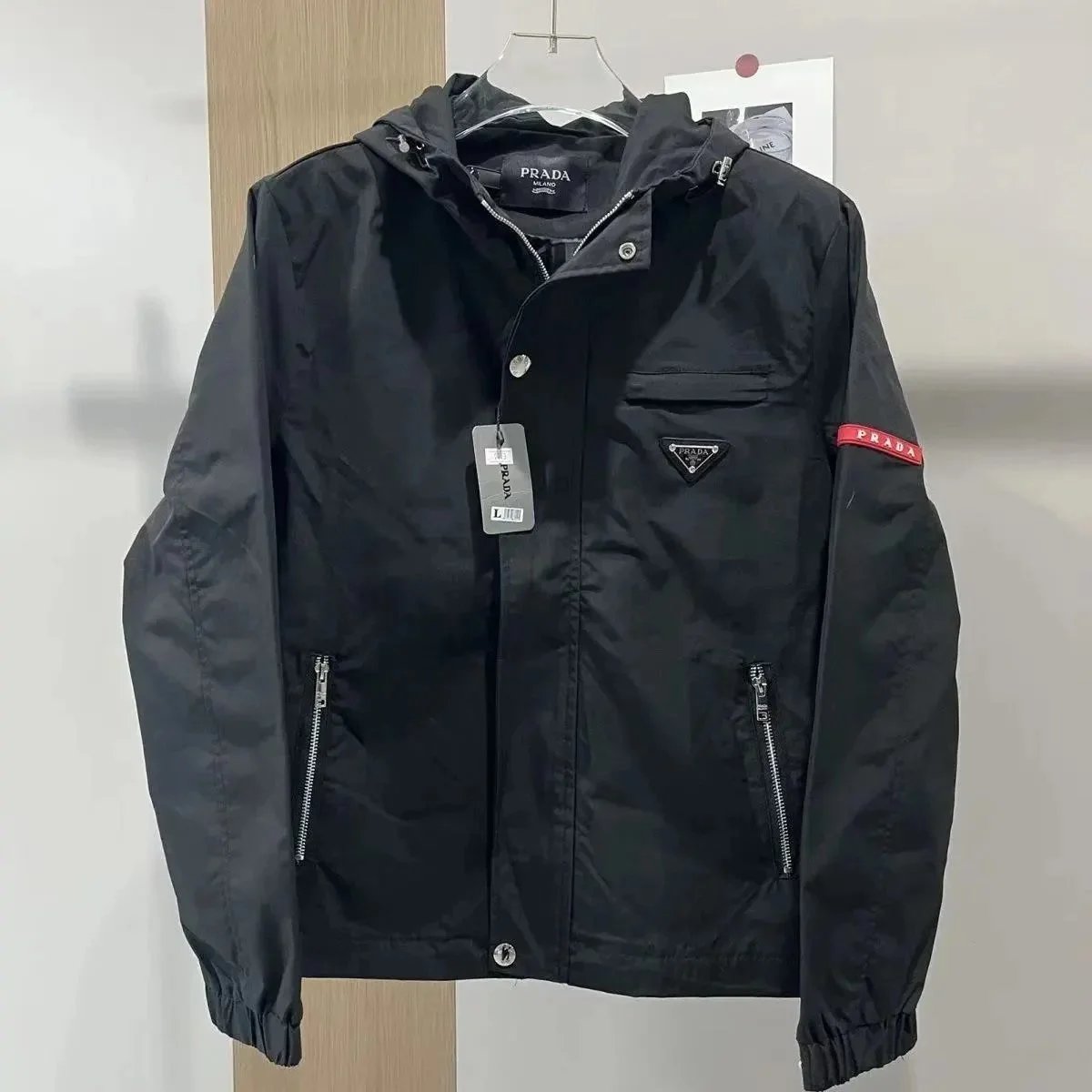 Prada Tracksuits Black zip-up hooded tracksuit with triangle logo patches — Prada23