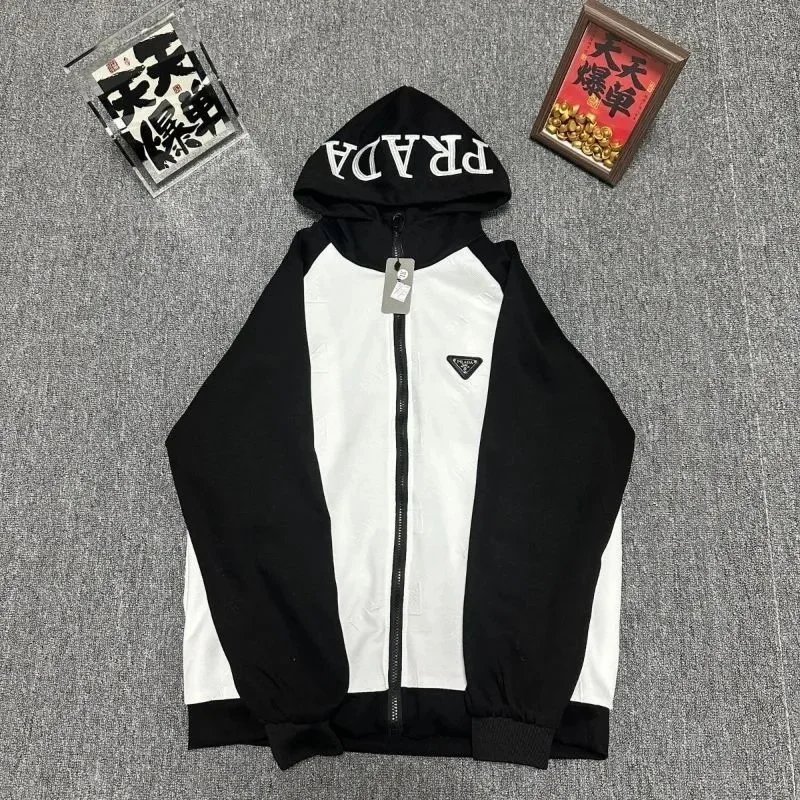 Prada Tracksuits Black zip-up hooded tracksuit with triangle logo patches — Prada24