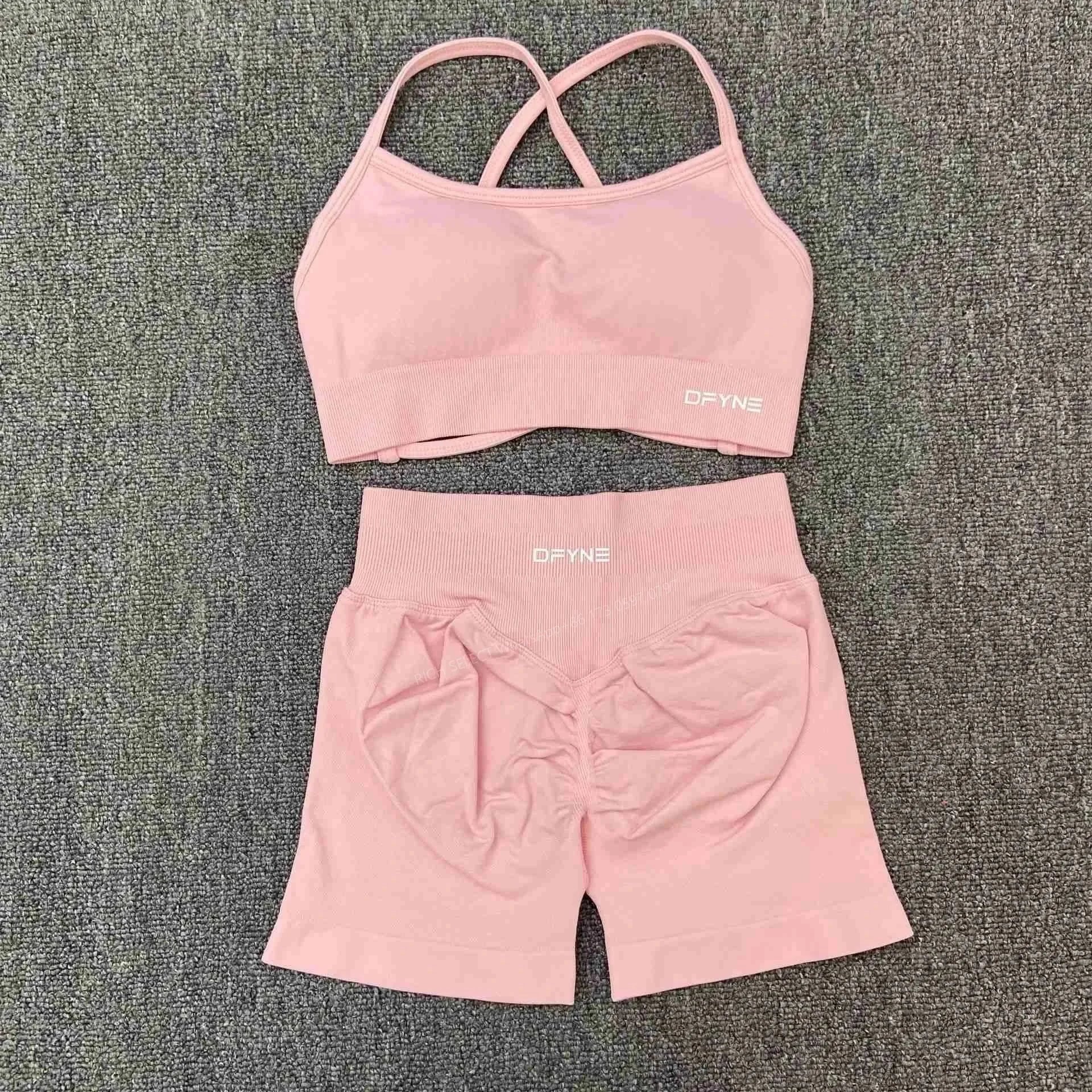 DFYNE Underwear Cross-Back Sports Bra with Ribbed Underband — Barbie Powder Crossover Bra Shorts