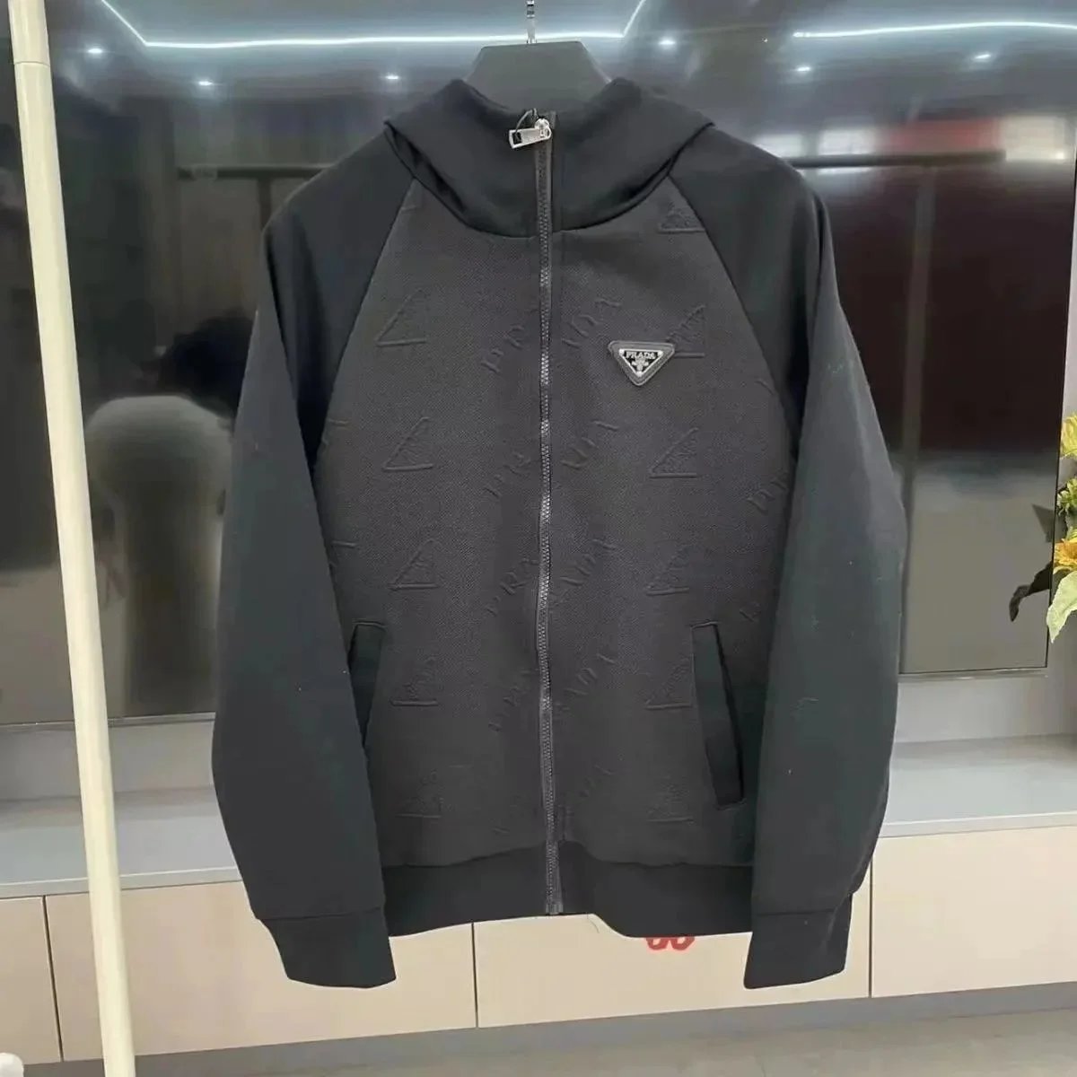 Prada Tracksuits Black zip-up hooded tracksuit with triangle logo patches — Prada11